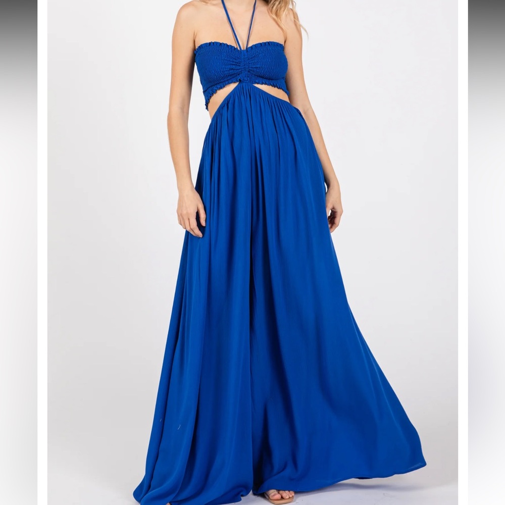 Royal Blue Smocked Drawstring Halter Side Cutout Jumpsuit
